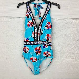 NWT SONSIE blue aqua, & red floral one piece open back swimsuit size 20W